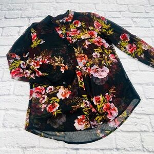 Kut from the Kloth Black Floral Blouse Small Long Sleeve Sheer Casuall